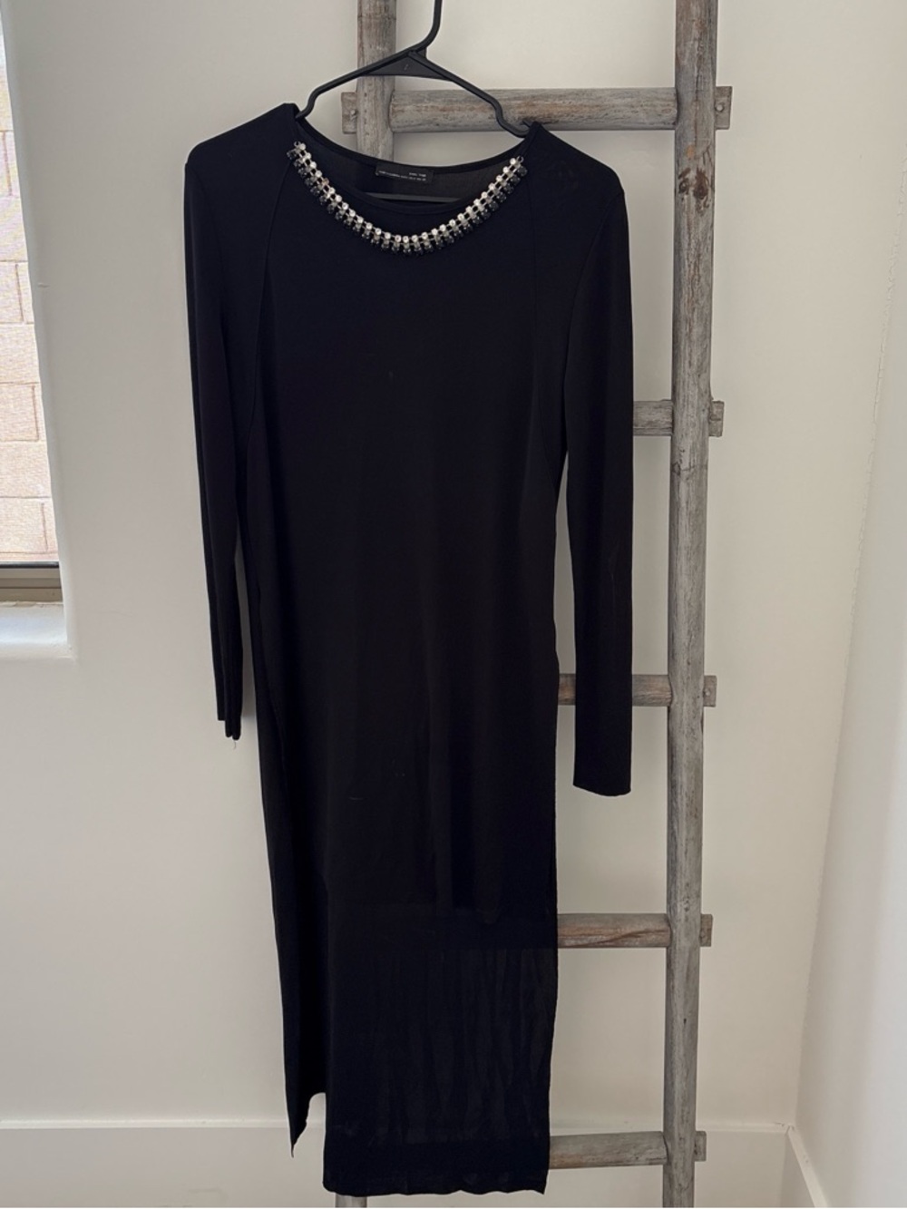 Zara Black Long Sleeve Knit Dress with Embellished Neckline